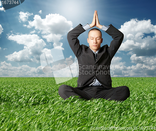 Image of businessman in lotus pose in green grass