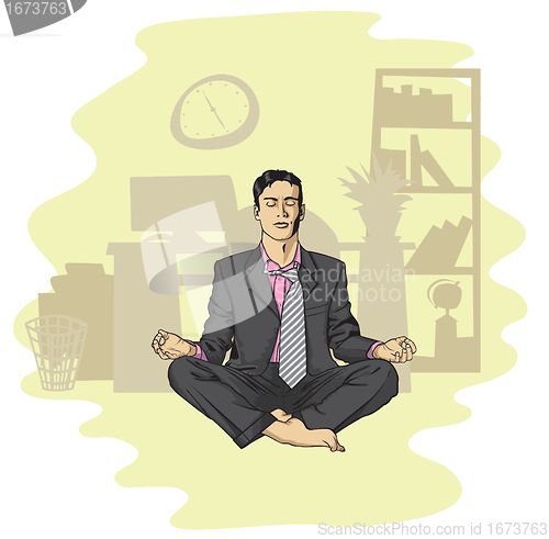 Image of businessman in lotus pose meditating