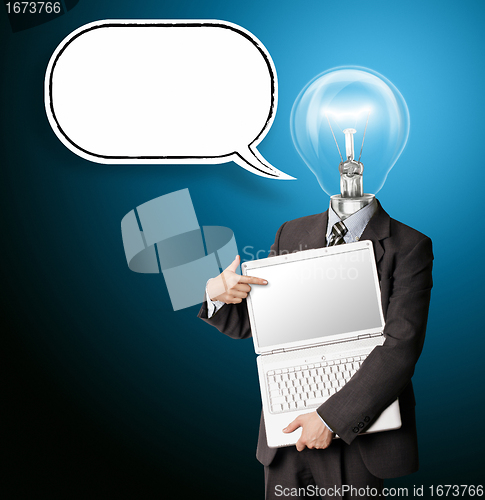 Image of businessman with lamp-head and laptop and comics bubble