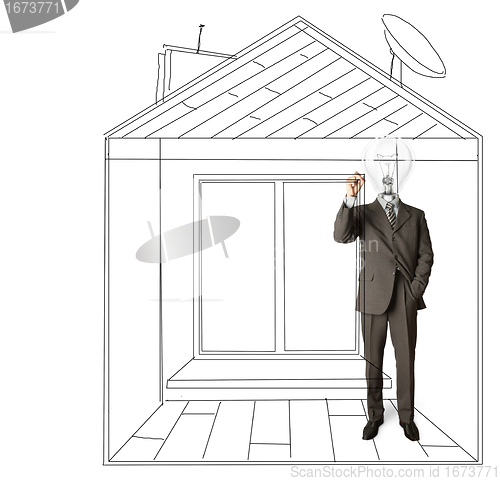 Image of businessman with lamp-head and marker in house