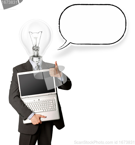 Image of businessman with lamp-head with open laptop and bubble