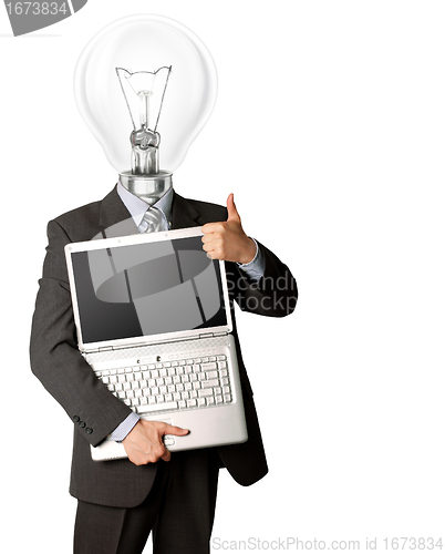 Image of businessman with lamp-head with open laptop shows welldone