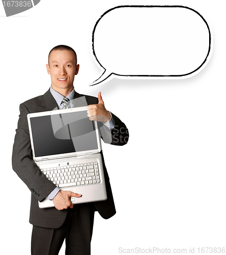 Image of businessman with laptop and thought bubble