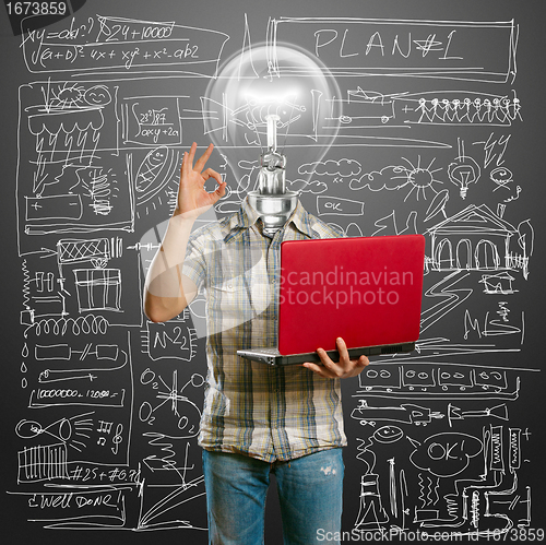 Image of casual lamp-head with laptop shows OK