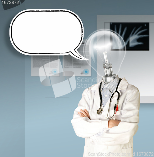 Image of doctor with lamp-head and comics bubble