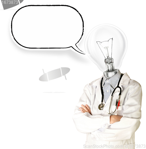 Image of doctor with lamp-head and comics bubble