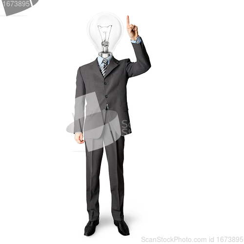 Image of full length businessman with lamp-head push the button