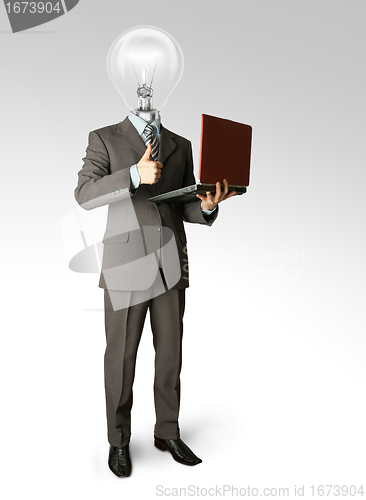 Image of Full length portrait of lamp-head businessman with laptop