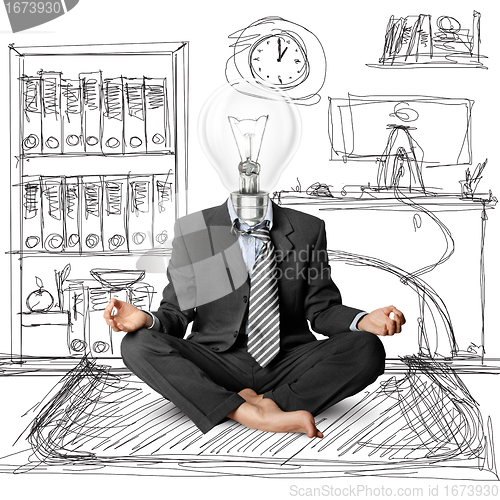 Image of lamp-head businessman in lotus pose