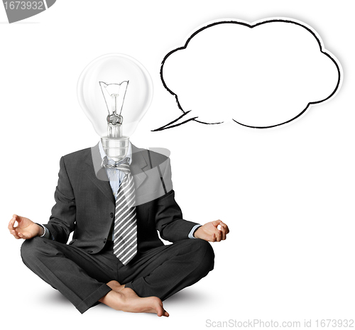 Image of lamp-head businessman in lotus pose with speech bubble