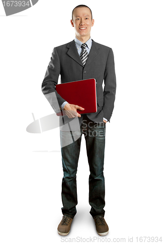 Image of male in suit with laptop in his hands