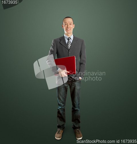 Image of male in suit with laptop in his hands