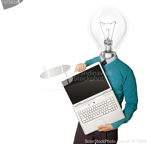 Image of Male with lamp-head in blue with laptop