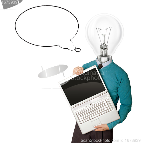 Image of Male with lamp-head in blue with laptop and comics bubble