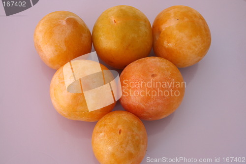 Image of Yellow plums against lilac background