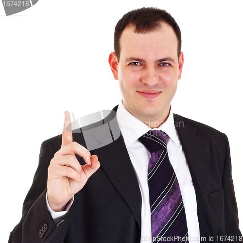 Image of smiling businessman raise finger up