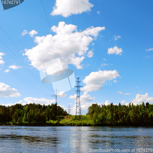 Image of high-voltage line across the river