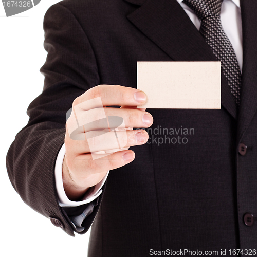 Image of businessman show blank card