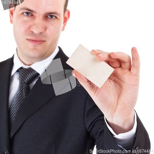 Image of businessman show blank card