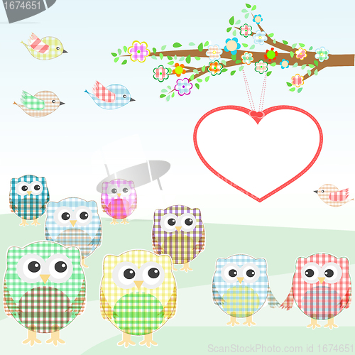 Image of owls and birds on tree branches. nature element
