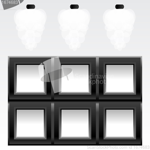 Image of empty six frames on wall with light, vector