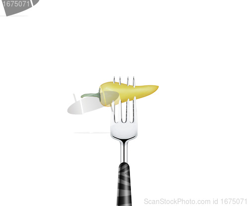 Image of Pepper  pierced by fork,  isolated on white background 