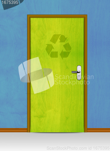 Image of wooden door with recycle sign