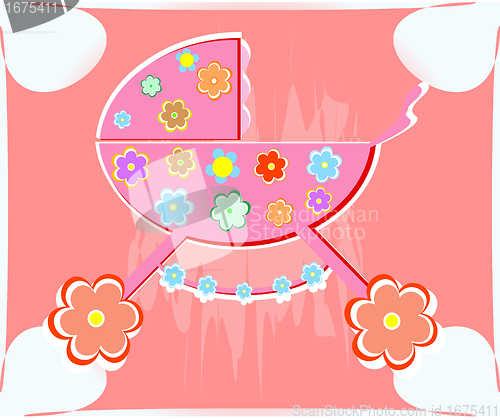Image of card for baby. vector perambulator for girl