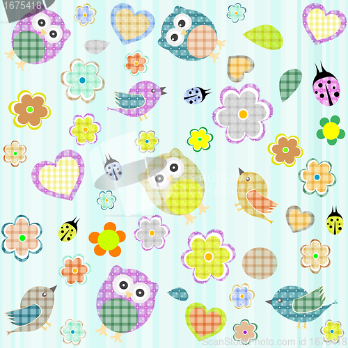 Image of Seamless flowers and owl pattern in vector