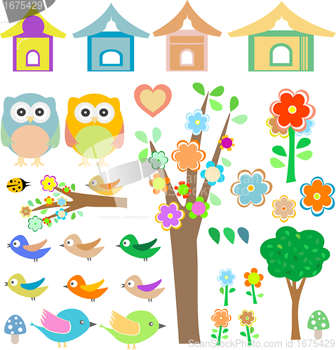 Image of Set birds with birdhouses, owls, trees and flowers