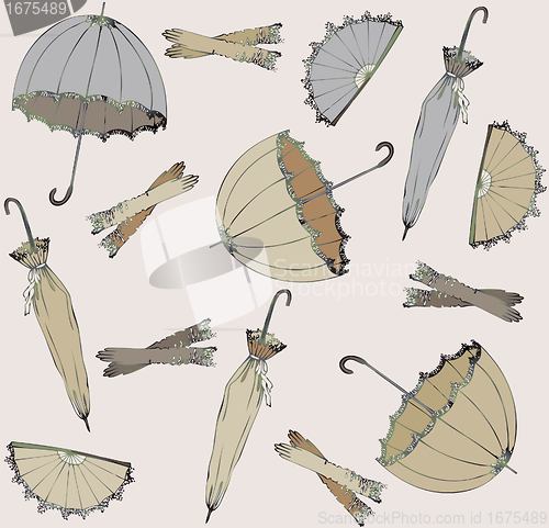 Image of Illustration of vintage umbrella, fan, glove. Seamless background fashionable modern wallpaper or textile.