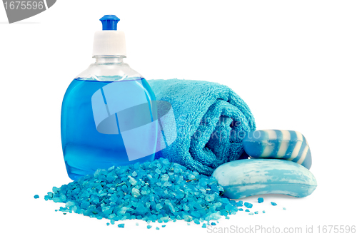 Image of Soap different blue with a towel and salt bath