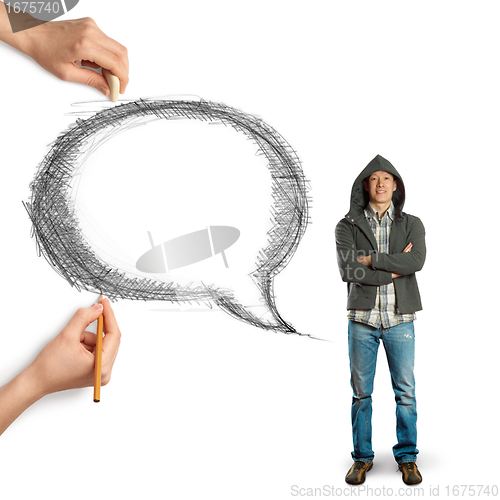 Image of human hands with speech bubble and man