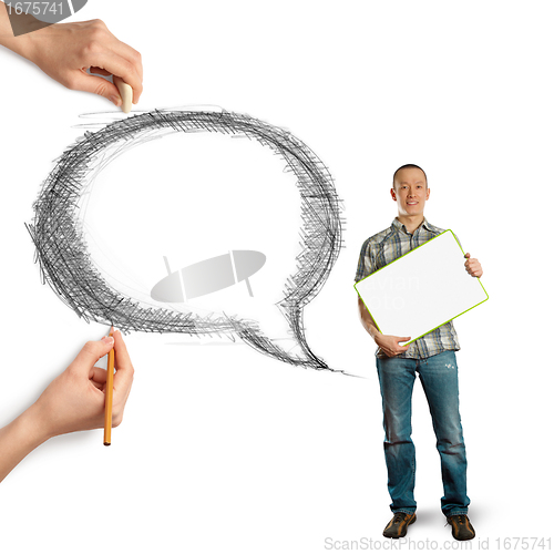 Image of human hands with speech bubble and man