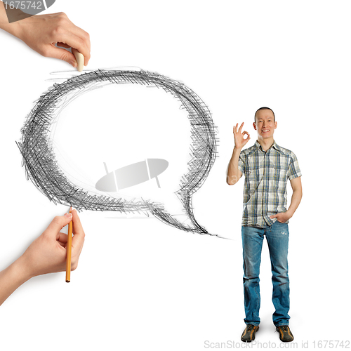 Image of human hands with speech bubble and man