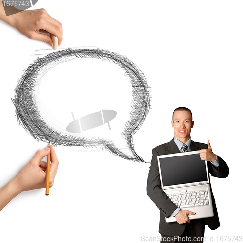 Image of human hands with speech bubble and man