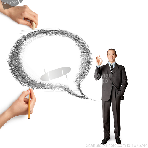 Image of human hands with speech bubble and man