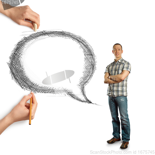 Image of human hands with speech bubble and man