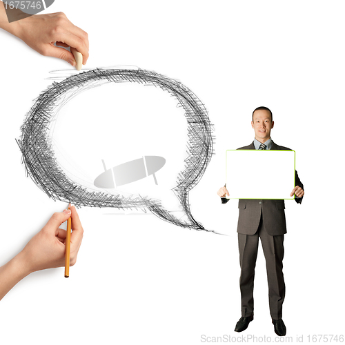 Image of human hands with speech bubble and man