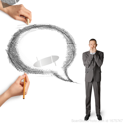 Image of human hands with speech bubble and man