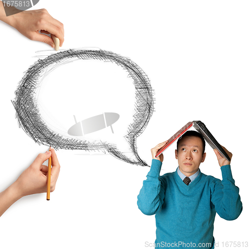 Image of human hands with speech bubble and man