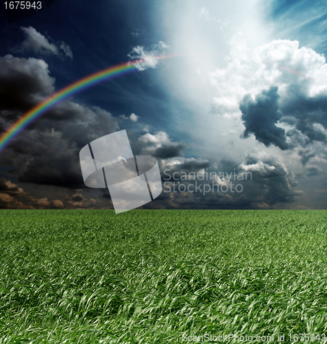 Image of green grass and blue cloudly sky with rainbow