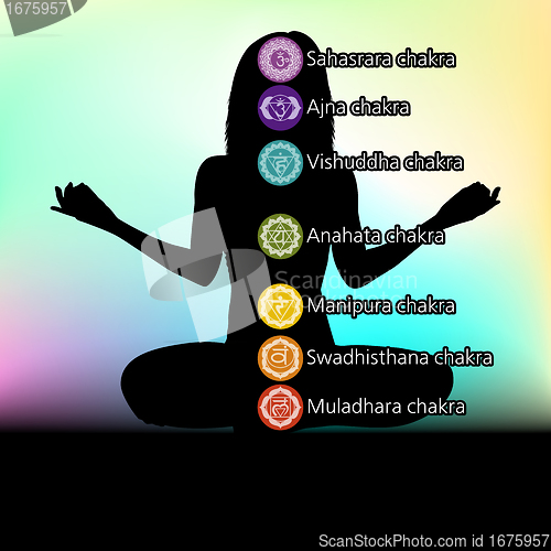 Image of Silhouette of woman with symbols of chakra. EPS 8