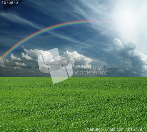 Image of green grass and blue cloudly sky with rainbow