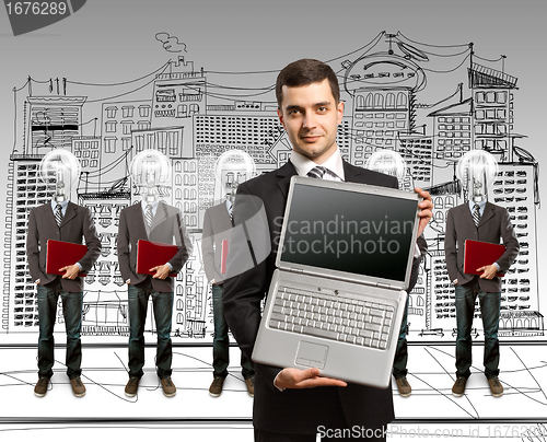 Image of lamp head businesspeople with laptop