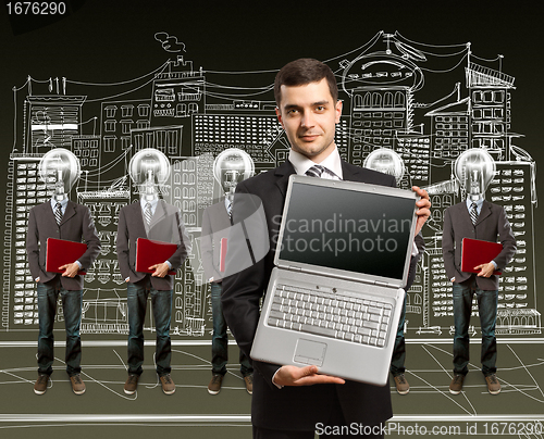 Image of lamp head businesspeople with laptop