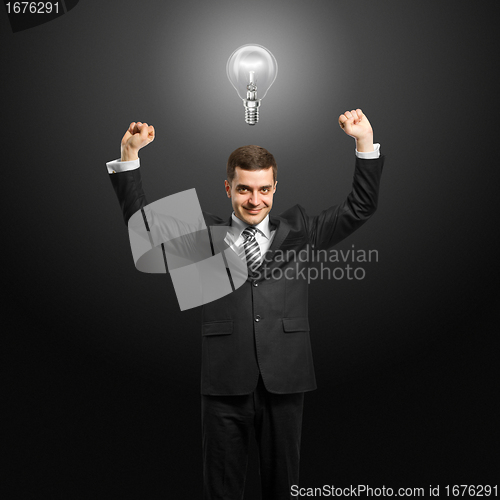 Image of lamp-head businessman with hands up