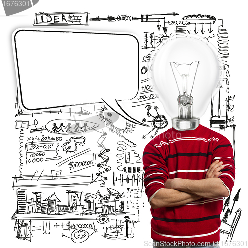 Image of male in red and lamp-head with speech bubble