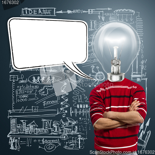 Image of male in red and lamp-head with speech bubble