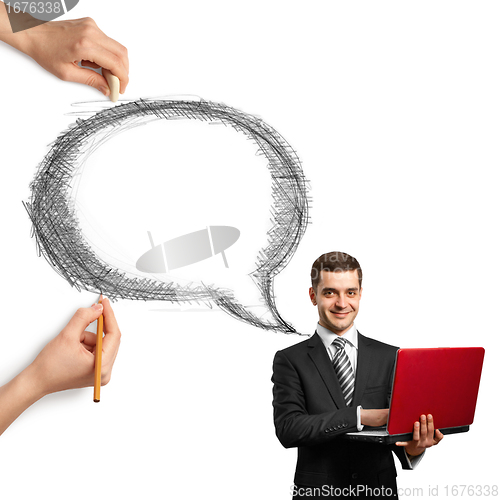 Image of human hands with speech bubble and man